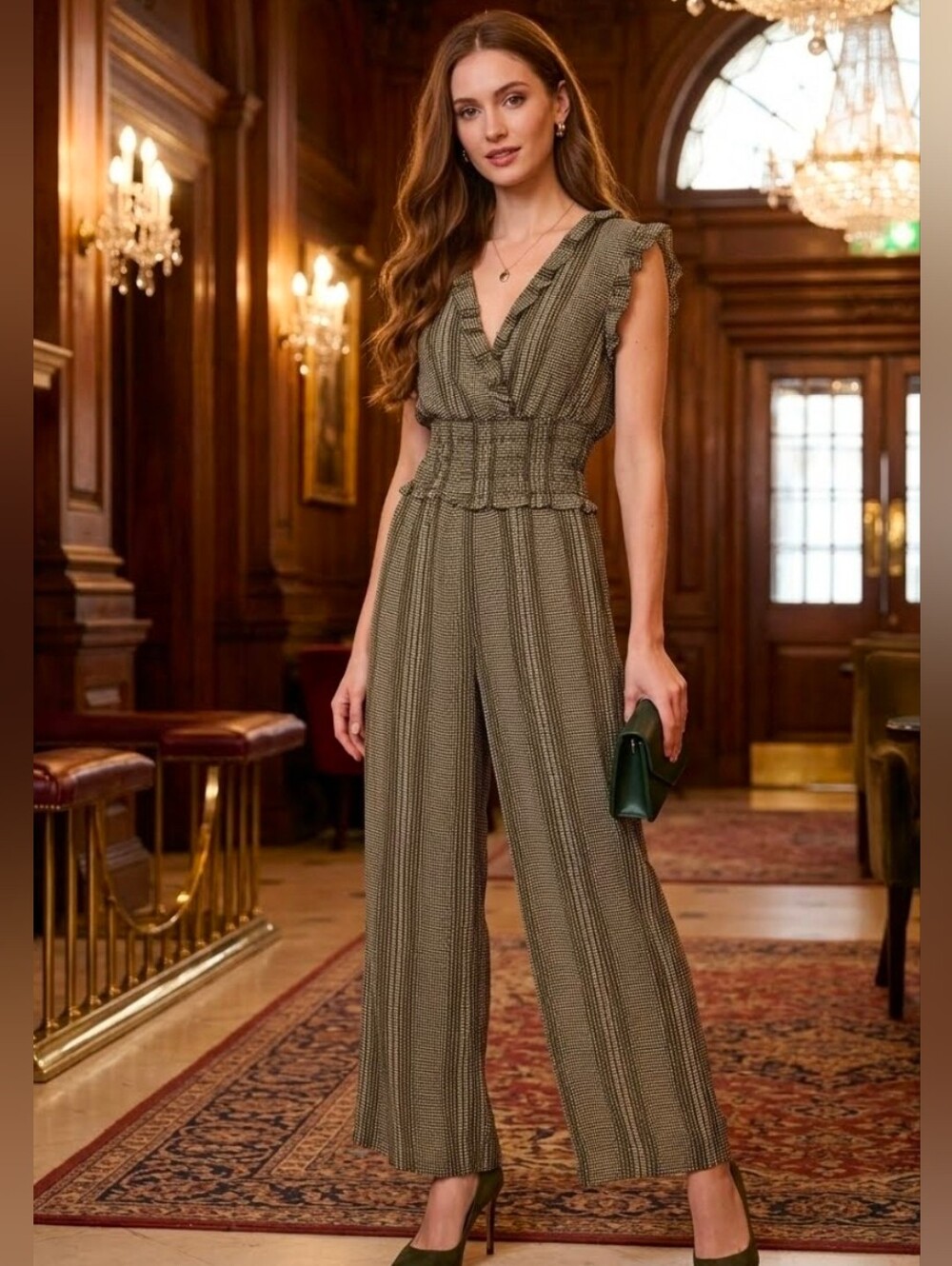 Blue Rain Smocked Ruffle Wide Leg Jumpsuit Olive & White Print Deep V-Neck S